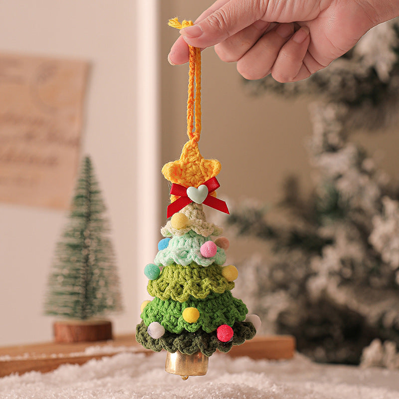 2 Pcs Style C Yellow and Green Handmade Crochet Christmas Tree Ornament - Festive Hanging Decoration with Jingle Bell