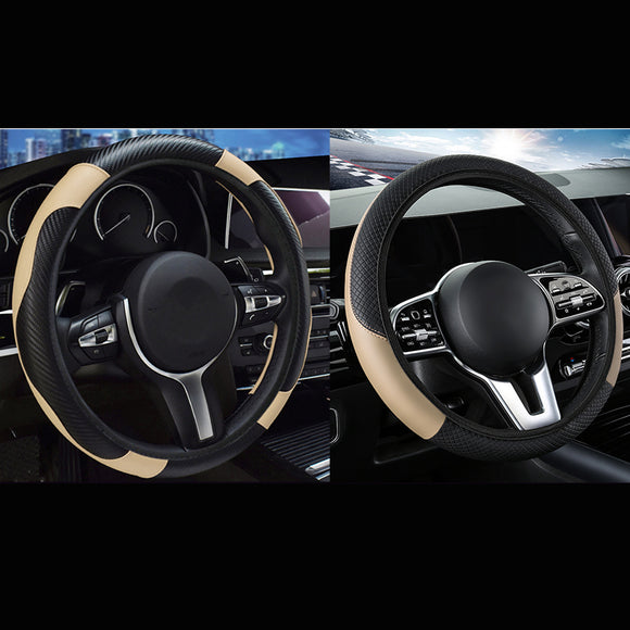 2-Pack (Type A + Type B) Beige And Black Sporty Carbon Fiber Leather Steering Wheel Cover - Universal 38cm Easy-Fit Elastic Grip