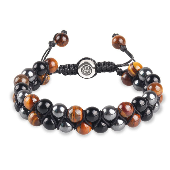 (2-Pack) Triple Protection Crystal Bracelet Set - Hand-Braided Tiger Eye, Black Onyx & Hematite