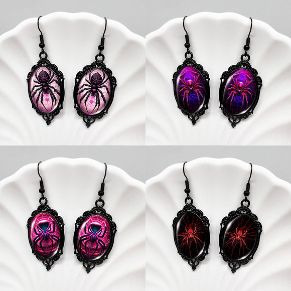 (Assorted 4-Pair Set) Gothic Spider Dangle Earrings - Vintage Black Frame Halloween Jewelry