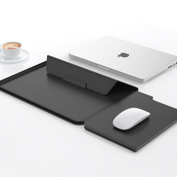 3-in-1 Detachable PU Leather Laptop Sleeve with Ergonomic Stand & Mouse Pad(black  13/14 inch)