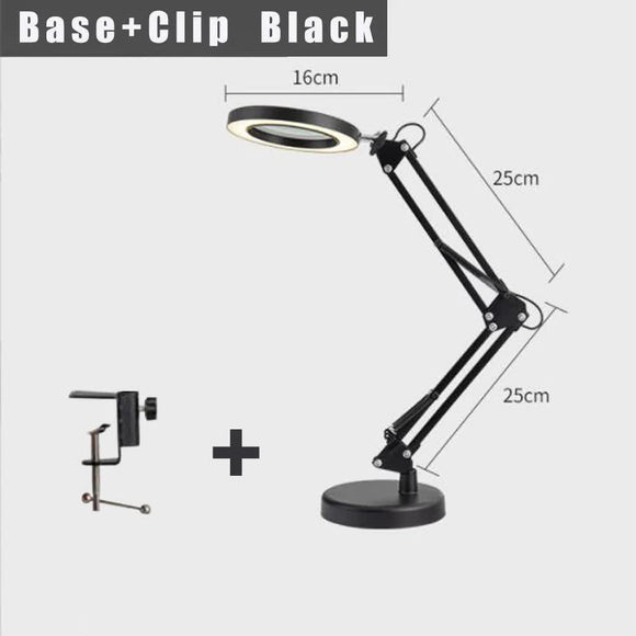 2-in-1 Black LED Magnifier Desk Lamp With Base and Clip - Hands-Free, Dimmable 3-Color Light for Crafts & Workbench