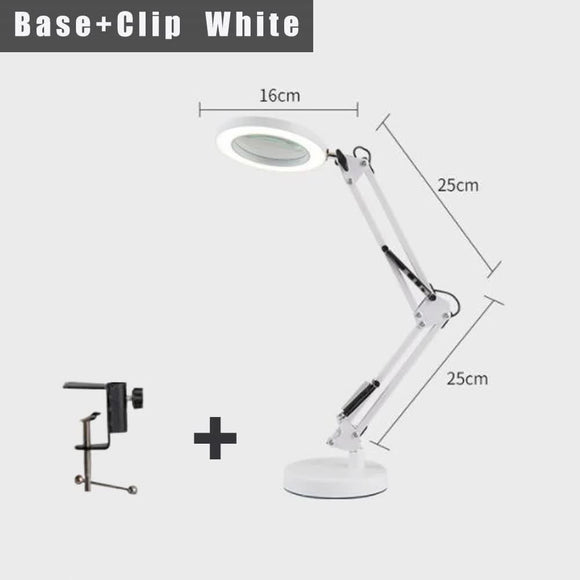 2-in-1 White LED Magnifier Desk Lamp With Base and Clip - Hands-Free, Dimmable 3-Color Light for Crafts & Workbench