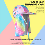 2-Pack Girls' Sun Protection Swim Cap Set - Cute Cartoon Rainbow Horse Pattern, Quick Dry Nylon Swimming & Wading Hat
