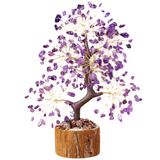 Purple Natural Crystal Hand-woven Gemstone Money Tree Ornament (H: 23 cm) - Wind-Soothing Healing Stone Tree of Life, Wooden Stump and Stone Base
