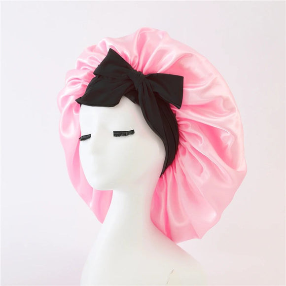 2-Pack Pink Satin Bonnet with Wide Band and Bow Tie - Hair Care Sleep Cap and Turban for Women