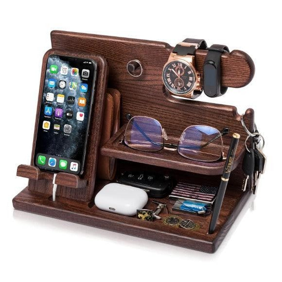 Wooden Multifunctional Home/Office Desktop Organizer and Phone Stand - with Charging Port Base and Key/Wallet Storage Space