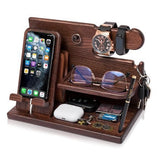 Wooden Multifunctional Home/Office Desktop Organizer and Phone Stand - with Charging Port Base and Key/Wallet Storage Space
