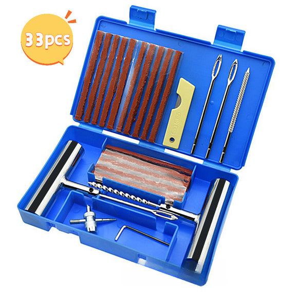 A 33-piece set Blue Heavy-Duty Tubeless Tyre Repair Kit - Emergency Puncture Plug Set for Cars, Motorcycles & ATVs