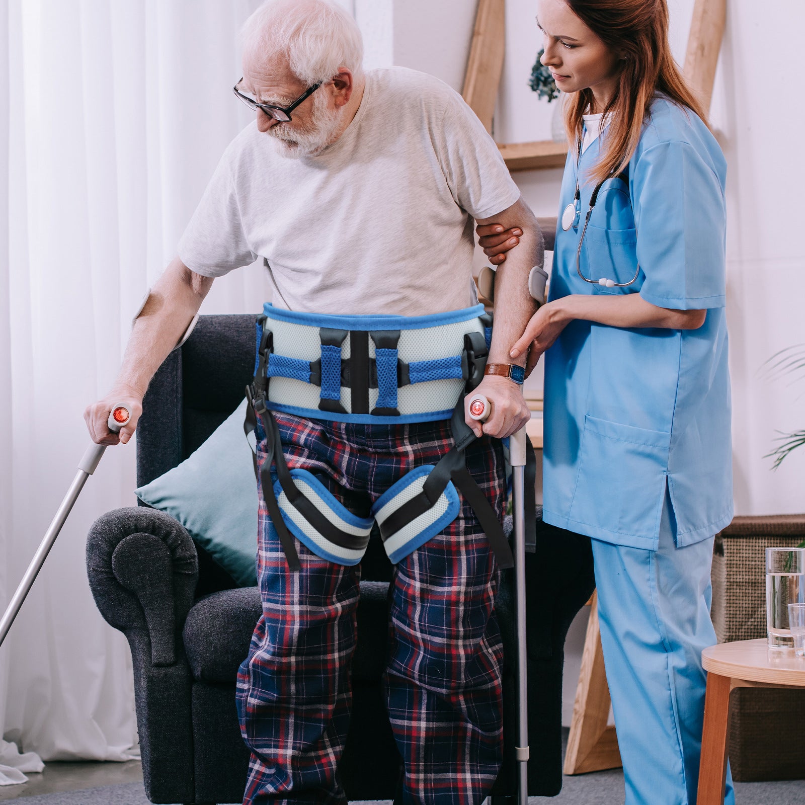 Size L Blue Rehabilitation Support Waist Belt – Gait Assistance & Transfer Aid for Elderly, Post-Stroke, and Mobility-Impaired Users