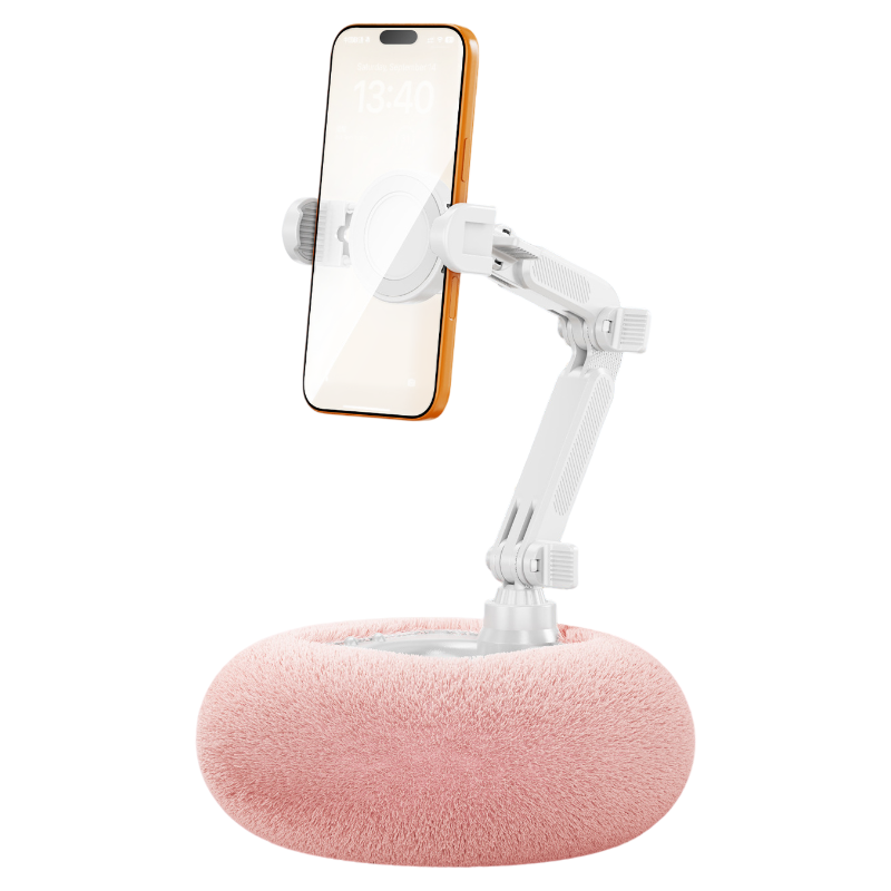 2-in-1 Pink Soft Plush Pillow Base & Phone Holder - 3-Axis 180° Rotation, Height Adjustable and Telescopic Clamp Stand, Relieve Arm Fatigue and Neck Strain