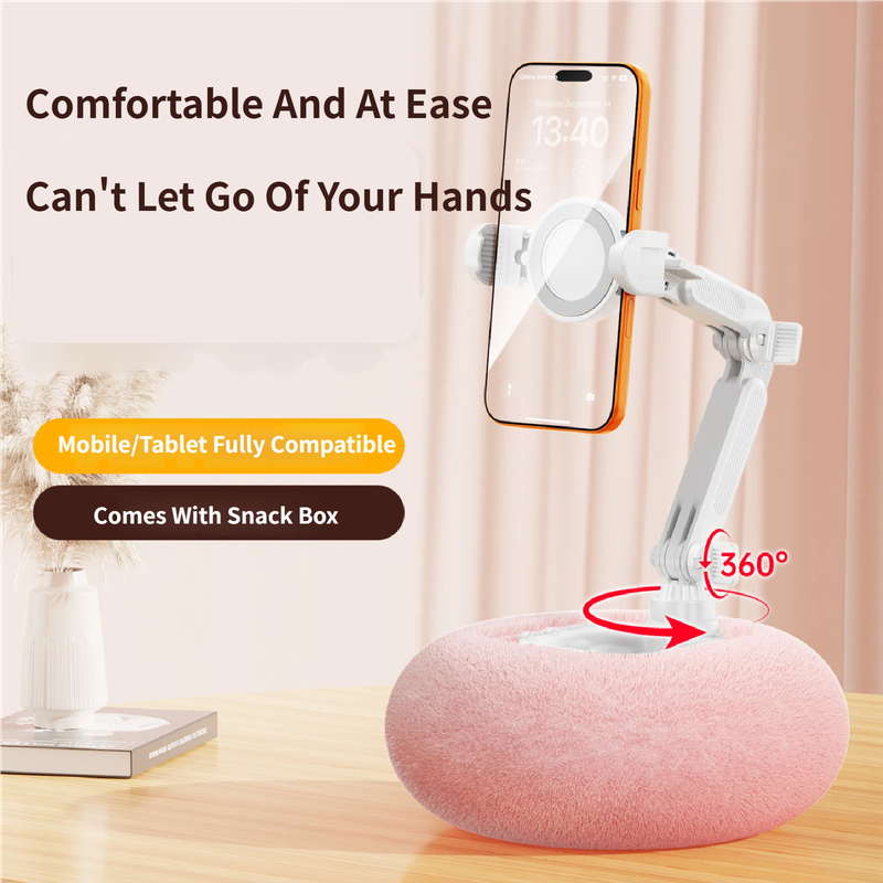 2-in-1 Pink Soft Plush Pillow Base & Phone Holder - 3-Axis 180° Rotation, Height Adjustable and Telescopic Clamp Stand, Relieve Arm Fatigue and Neck Strain