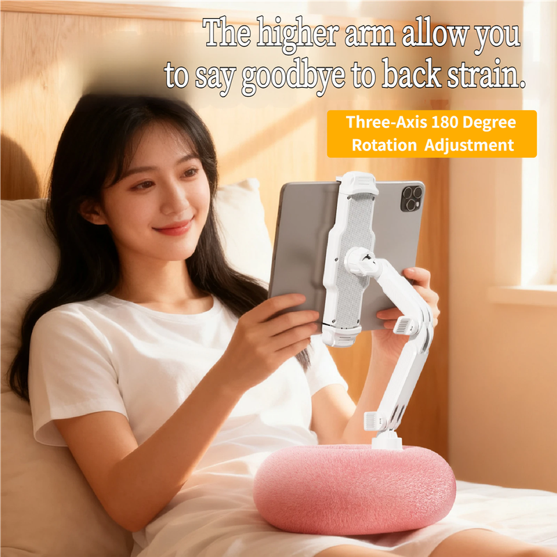 2-in-1 Pink Soft Plush Pillow Base & Phone Holder - 3-Axis 180° Rotation, Height Adjustable and Telescopic Clamp Stand, Relieve Arm Fatigue and Neck Strain