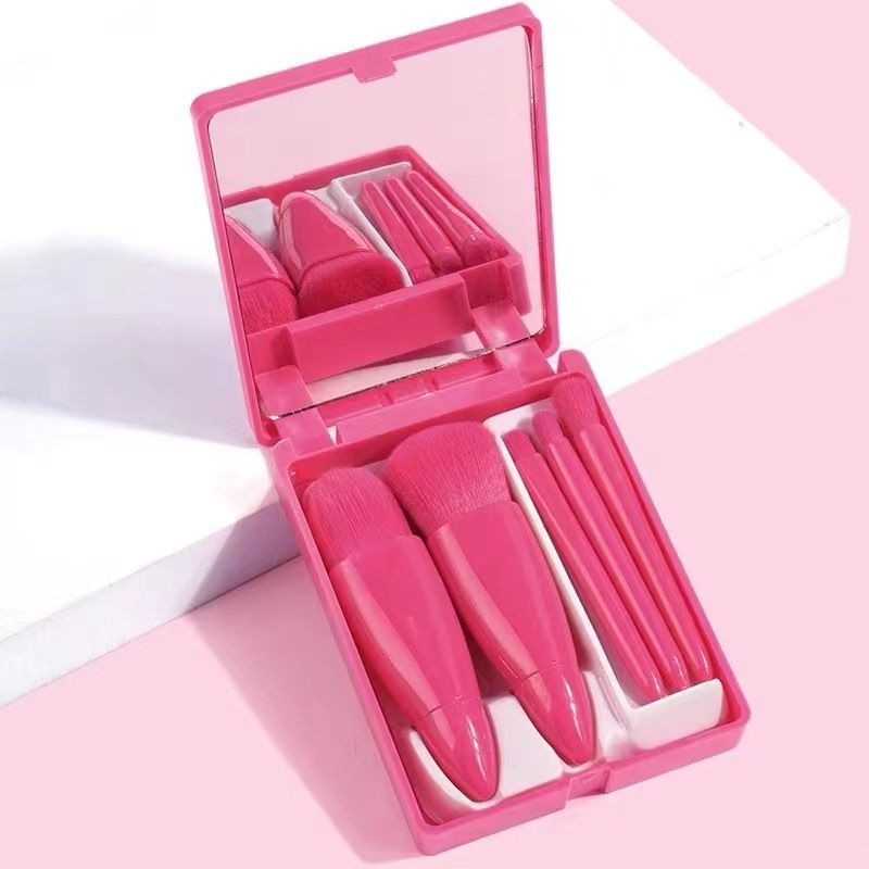 Red 5-Piece Compact Makeup Brush Set with Mirror - Synthetic Fibre Travel Case with Foundation, Powder & Blush Brushes - Portable Beauty Tool Kit for On-the-Go Touch-Ups