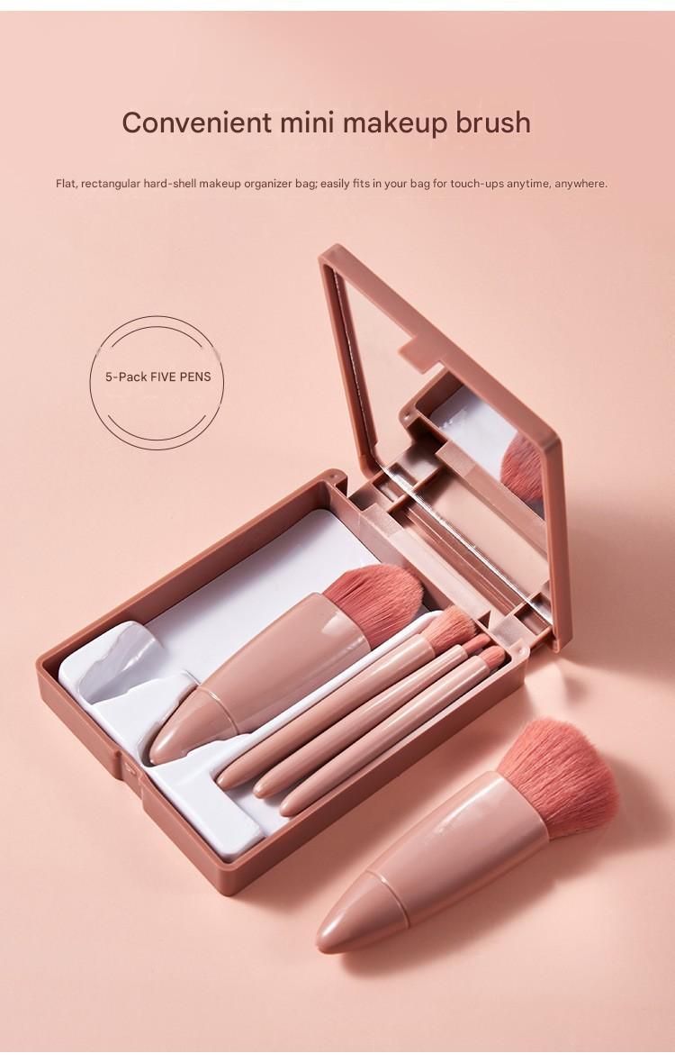 Red 5-Piece Compact Makeup Brush Set with Mirror - Synthetic Fibre Travel Case with Foundation, Powder & Blush Brushes - Portable Beauty Tool Kit for On-the-Go Touch-Ups