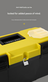 14-inch Yellow and Black Heavy Duty Plastic Toolbox - PP Material with ABS Latches - Lockable, Large Capacity, Double Layer, Organized Storage, for Home Repair, Automotive, Construction, Outdoor Use