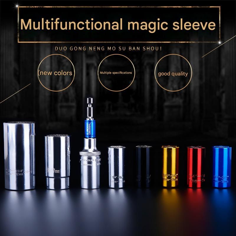 Black Universal Socket Set 7-19mm - Steel Construction - Multi-function Magic Socket, Colorful Design, Lightweight 130g, Compatible with Power Drills, Versatile Tool for Home & Auto Repair