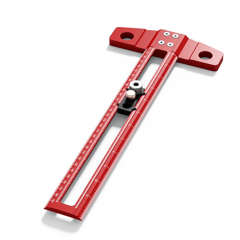 Red Multifunctional T-Square Ruler 0-300mm -  Aluminium Alloy with Laser Engraved Scale - Interchangeable Drill Bushings, 90 Degree Marking & Drilling Guide for Woodworking, DIY and Carpentry