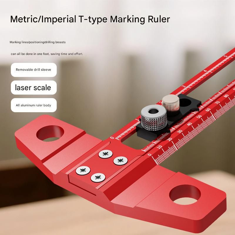 Red Multifunctional T-Square Ruler 0-300mm -  Aluminium Alloy with Laser Engraved Scale - Interchangeable Drill Bushings, 90 Degree Marking & Drilling Guide for Woodworking, DIY and Carpentry