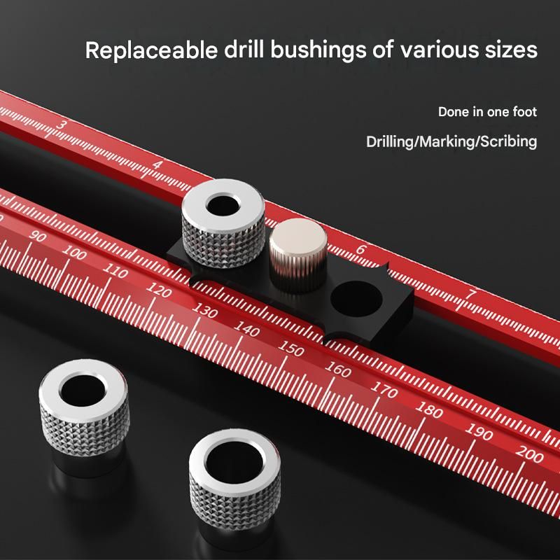 Red Multifunctional T-Square Ruler 0-300mm -  Aluminium Alloy with Laser Engraved Scale - Interchangeable Drill Bushings, 90 Degree Marking & Drilling Guide for Woodworking, DIY and Carpentry
