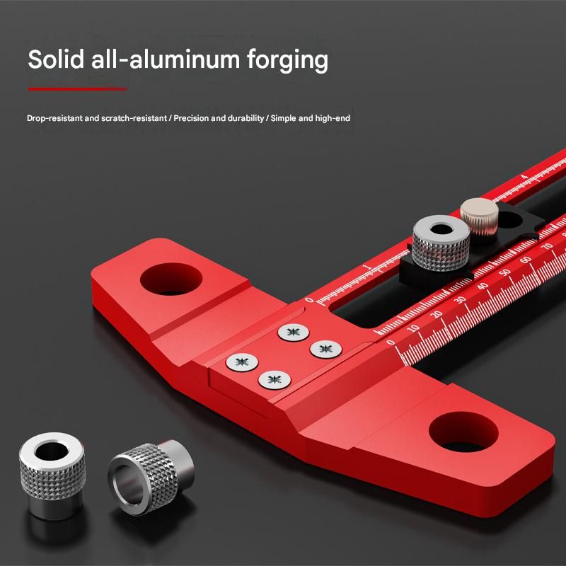 Red Multifunctional T-Square Ruler 0-300mm -  Aluminium Alloy with Laser Engraved Scale - Interchangeable Drill Bushings, 90 Degree Marking & Drilling Guide for Woodworking, DIY and Carpentry