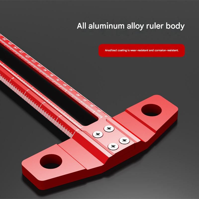 Red Multifunctional T-Square Ruler 0-300mm -  Aluminium Alloy with Laser Engraved Scale - Interchangeable Drill Bushings, 90 Degree Marking & Drilling Guide for Woodworking, DIY and Carpentry