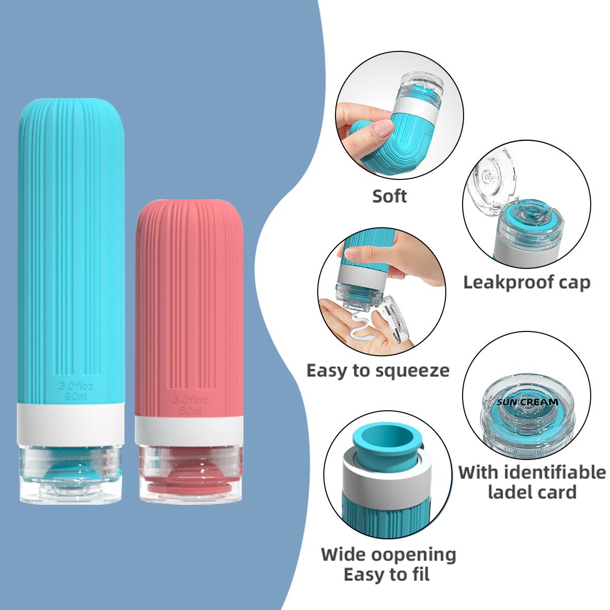 Silicone Travel Toiletry Bottles Set Leakproof Squeeze Containers with Case(07)