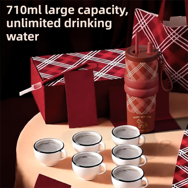 Black British Equestrian Plaid 710ML Insulated Travel Mug with Dual-Drink Lid, Straw & Straw Cap - Ceramic Liner Car Coffee Tumbler with Tea Water Separator Ball and Matching Protective Sleeve (Delux Gift Box)