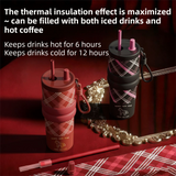 Black British Equestrian Plaid 710ML Insulated Travel Mug with Dual-Drink Lid, Straw & Straw Cap - Ceramic Liner Car Coffee Tumbler with Tea Water Separator Ball and Matching Protective Sleeve (Delux Gift Box)
