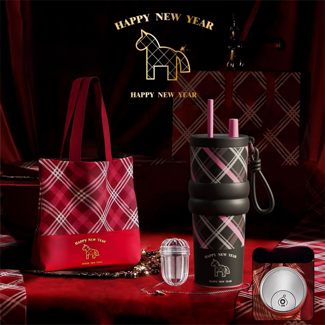 Black British Equestrian Plaid 710ML Insulated Travel Mug with Dual-Drink Lid, Straw & Straw Cap - 316 Stainless Steel Car Coffee Tumbler with Tea Water Separator Ball and Matching Protective Sleeve (Delux Gift Box)