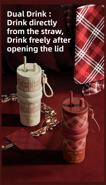 Black British Equestrian Plaid 710ML Insulated Travel Mug with Dual-Drink Lid, Straw & Straw Cap - 316 Stainless Steel Car Coffee Tumbler with Tea Water Separator Ball and Matching Protective Sleeve (Delux Gift Box)