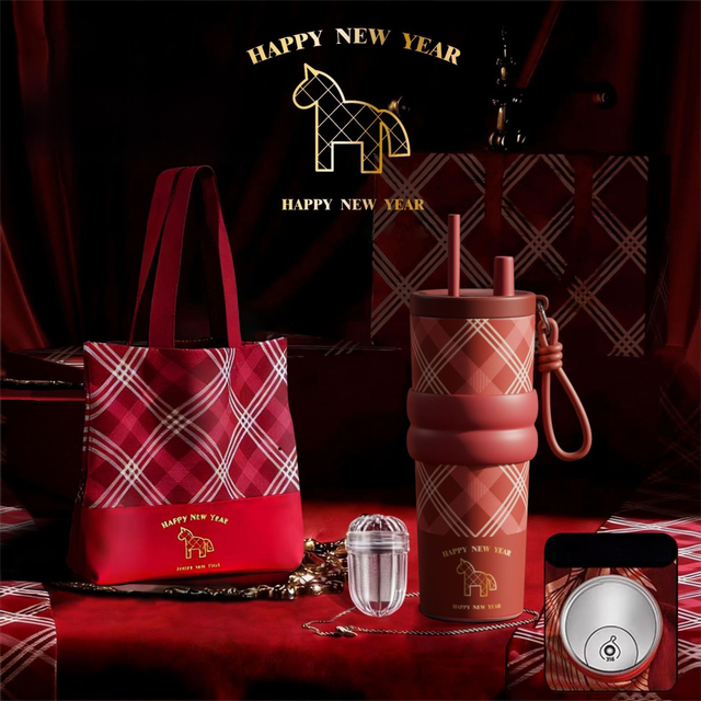 Red British Equestrian Plaid 710ML Insulated Travel Mug with Dual-Drink Lid, Straw & Straw Cap - 316 Stainless Steel Car Coffee Tumbler with Tea Water Separator Ball and Matching Protective Sleeve (Delux Gift Box)