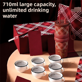 Red British Equestrian Plaid 710ML Insulated Travel Mug with Dual-Drink Lid, Straw & Straw Cap - 316 Stainless Steel Car Coffee Tumbler with Tea Water Separator Ball and Matching Protective Sleeve (Delux Gift Box)