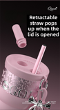 710ML Pink Luxury Gradient Textured Aurora Starry Night Insulated Travel Mug (Bow Pendant Gift Box) – 316 Stainless Steel Car Coffee Tumbler with Pop-Up Straw Dual Lid, Sinking Tea Infuser Ball and Cup Sleeve