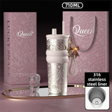 710ML Silver Luxury Gradient Textured Aurora Starry Night Insulated Travel Mug (Bow Pendant Gift Box) – 316 Stainless Steel Car Coffee Tumbler with Pop-Up Straw Dual Lid, Sinking Tea Infuser Ball and Cup Sleeve