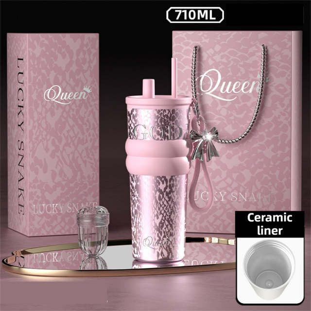 710ML Pink Luxury Gradient Textured Aurora Starry Night Insulated Travel Mug (Bow Pendant Gift Box) – Ceramic Liner Car Coffee Tumbler with Pop-Up Straw Dual Lid, Sinking Tea Infuser Ball and Cup Sleeve