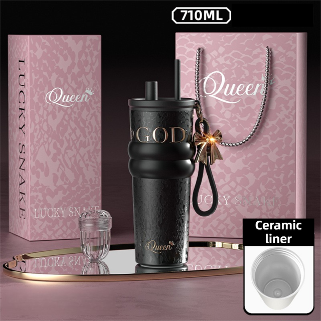 710ML Black Luxury Gradient Textured Aurora Starry Night Insulated Travel Mug (Bow Pendant Gift Box) – Ceramic Liner Car Coffee Tumbler with Pop-Up Straw Dual Lid, Sinking Tea Infuser Ball and Cup Sleeve