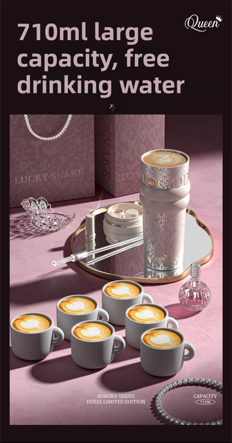 710ML Black Luxury Gradient Textured Aurora Starry Night Insulated Travel Mug (Bow Pendant Gift Box) – Ceramic Liner Car Coffee Tumbler with Pop-Up Straw Dual Lid, Sinking Tea Infuser Ball and Cup Sleeve