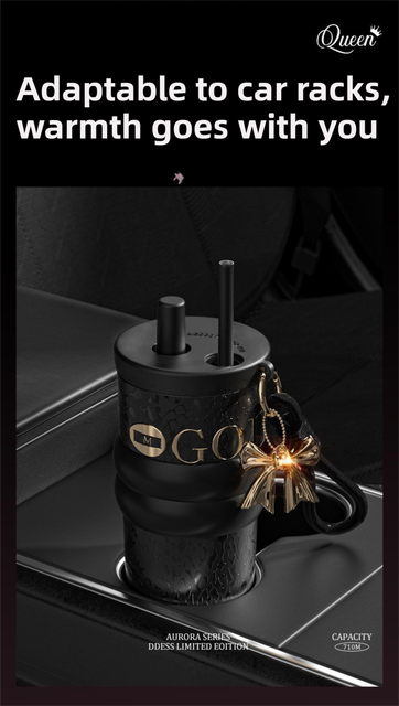 710ML Black Luxury Gradient Textured Aurora Starry Night Insulated Travel Mug (Bow Pendant Gift Box) – Ceramic Liner Car Coffee Tumbler with Pop-Up Straw Dual Lid, Sinking Tea Infuser Ball and Cup Sleeve