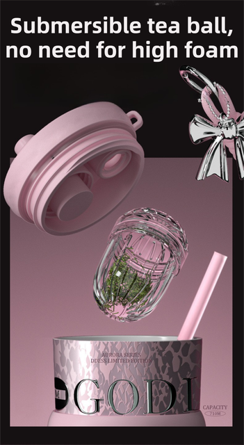 710ML Silver Luxury Gradient Textured Aurora Starry Night Insulated Travel Mug (Bow Pendant Gift Box) – Ceramic Liner Car Coffee Tumbler with Pop-Up Straw Dual Lid, Sinking Tea Infuser Ball and Cup Sleeve