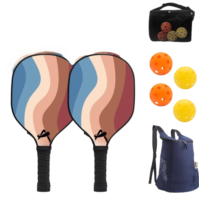 Lightweight 9-Ply Hard Basswood Pickleball Paddle Set with Curved Stripes Design - 2 Durable Paddles + 4 Balls + Ball Mesh Bag + Carrying Backpack for Indoor & Outdoor Play - Professional Size Construction, Breathable Non-Slip Grip