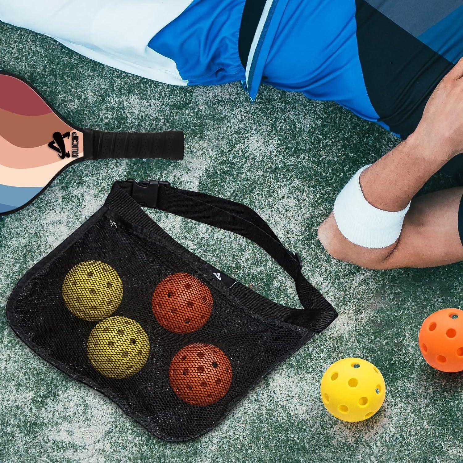 Lightweight 9-Ply Hard Basswood Pickleball Paddle Set with Curved Stripes Design - 2 Durable Paddles + 4 Balls + Ball Mesh Bag + Carrying Backpack for Indoor & Outdoor Play - Professional Size Construction, Breathable Non-Slip Grip