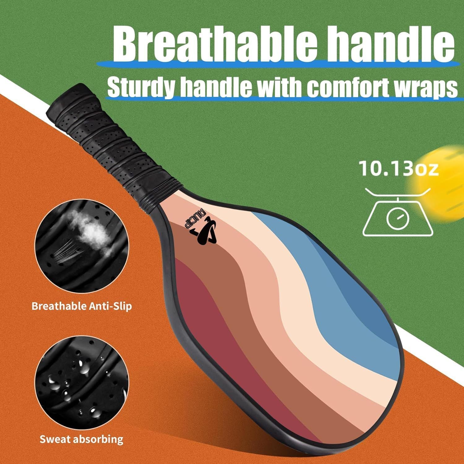 Lightweight 9-Ply Hard Basswood Pickleball Paddle Set with Curved Stripes Design - 2 Durable Paddles + 4 Balls + Ball Mesh Bag + Carrying Backpack for Indoor & Outdoor Play - Professional Size Construction, Breathable Non-Slip Grip