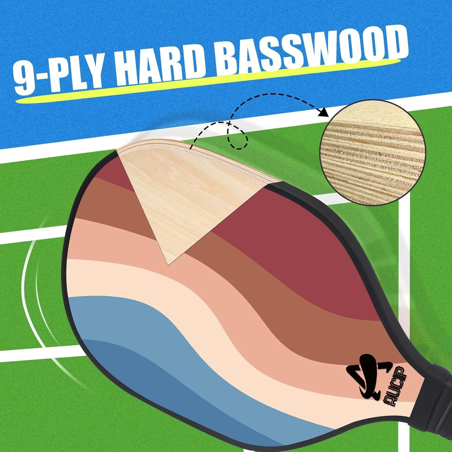 Lightweight 9-Ply Hard Basswood Pickleball Paddle Set with Curved Stripes Design - 2 Durable Paddles + 4 Balls + Ball Mesh Bag + Carrying Backpack for Indoor & Outdoor Play - Professional Size Construction, Breathable Non-Slip Grip