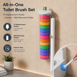 Disposable Toilet Brush Set with 14 Preloaded Cleaning Refill Heads & Wall Mounted Storage Holder - 360° Rotating Brush Head, One-Button Release and Long Handle for Hygienic Bathroom Cleaning