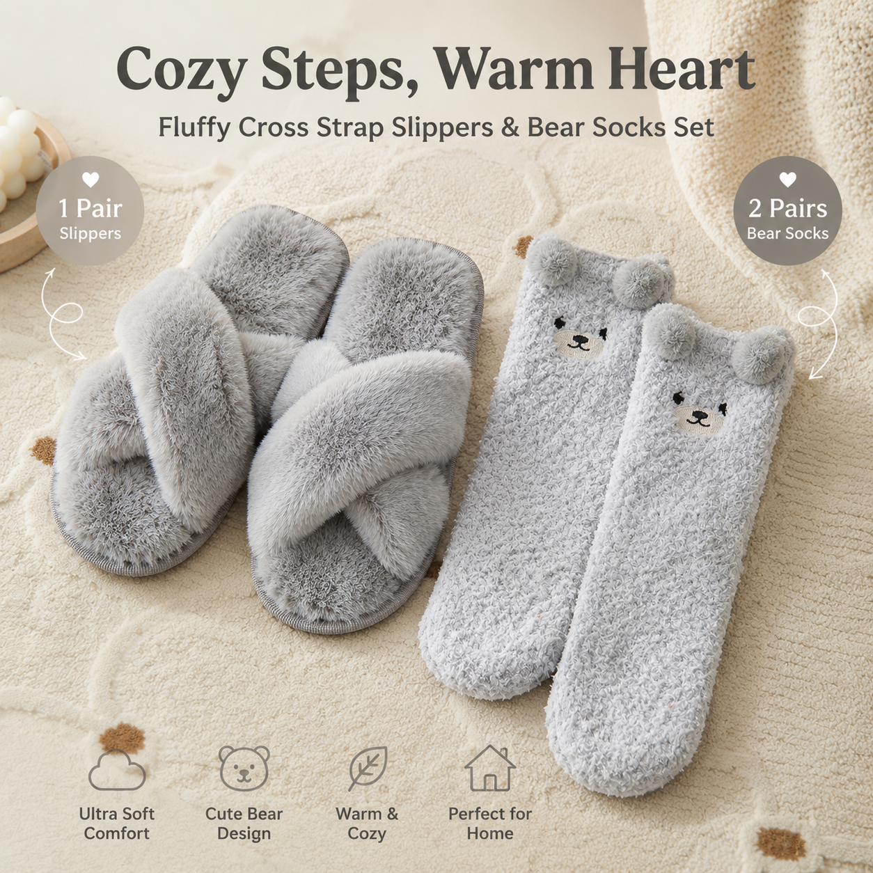 Cozy Winter Home Essentials Set - Grey 1 Pair Women's Plush Cross Band Faux Fur Slippers S Size & 2 Pairs Cute Teddy Bear Fuzzy Socks Set, Warm Indoor Lounge Gift Bundle with Non-Slip House Slides