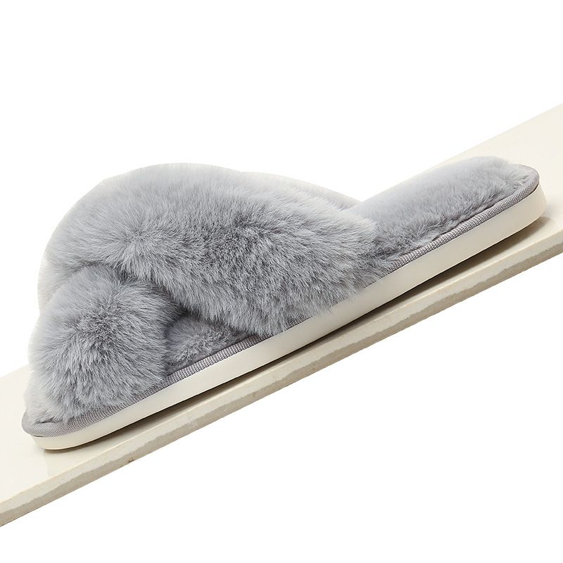 Cozy Winter Home Essentials Set - Grey 1 Pair Women's Plush Cross Band Faux Fur Slippers S Size & 2 Pairs Cute Teddy Bear Fuzzy Socks Set, Warm Indoor Lounge Gift Bundle with Non-Slip House Slides