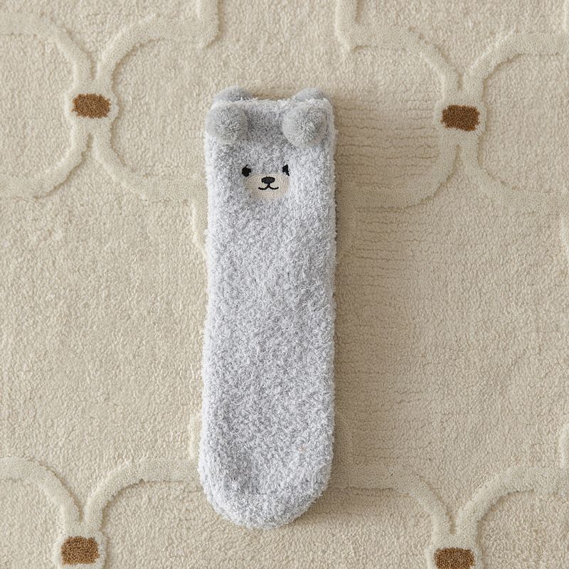 Cozy Winter Home Essentials Set - Grey 1 Pair Women's Plush Cross Band Faux Fur Slippers S Size & 2 Pairs Cute Teddy Bear Fuzzy Socks Set, Warm Indoor Lounge Gift Bundle with Non-Slip House Slides