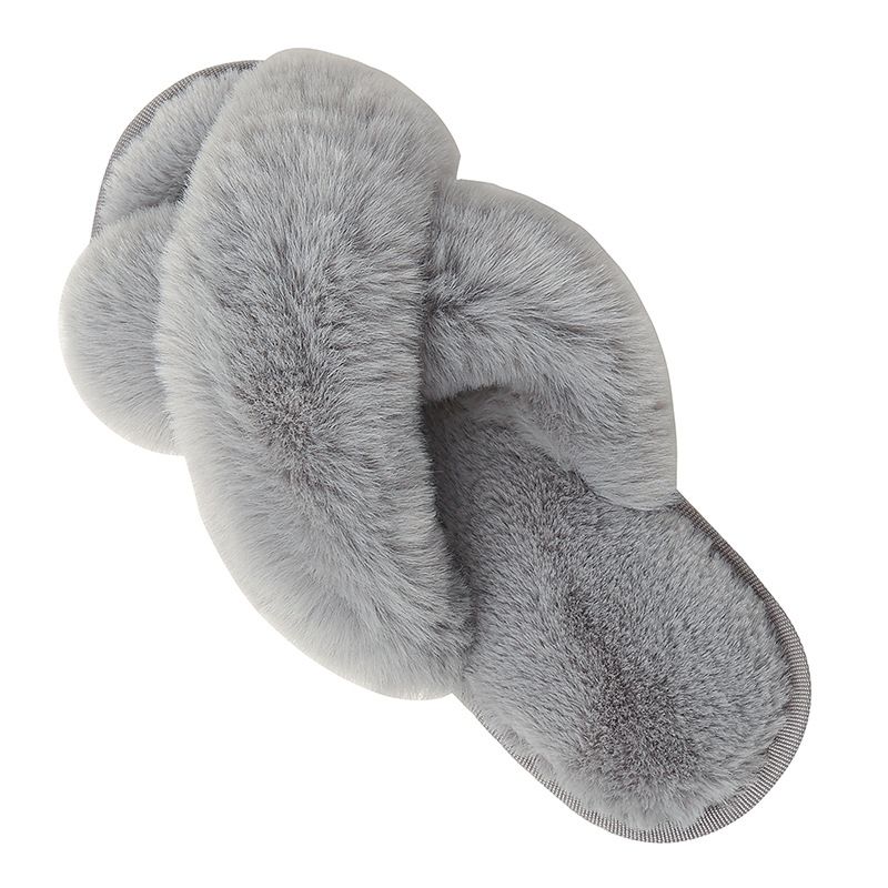 Cozy Winter Home Essentials Set - Grey 1 Pair Women's Plush Cross Band Faux Fur Slippers M Size & 2 Pairs Cute Teddy Bear Fuzzy Socks Set, Warm Indoor Lounge Gift Bundle with Non-Slip House Slides