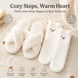 Cozy Winter Home Essentials Set - White 1 Pair Women's Plush Cross Band Faux Fur Slippers XL Size & 2 Pairs Cute Teddy Bear Fuzzy Socks Set, Warm Indoor Lounge Gift Bundle with Non-Slip House Slides